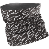 Alpinestars Neck Tube, motorcycle neck gaiter, black with all-over white repeating star logo pattern, lightweight stretchy fabric, designed for spring and summer wind protection