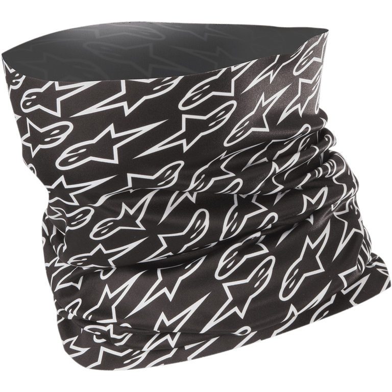 Alpinestars Neck Tube, motorcycle neck gaiter, black with all-over white repeating star logo pattern, lightweight stretchy fabric, designed for spring and summer wind protection