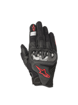 Alpinestars SMX-1 Air V2 Gloves, black and red fluo motorcycle road gloves with leather mesh and hard knuckle protection.