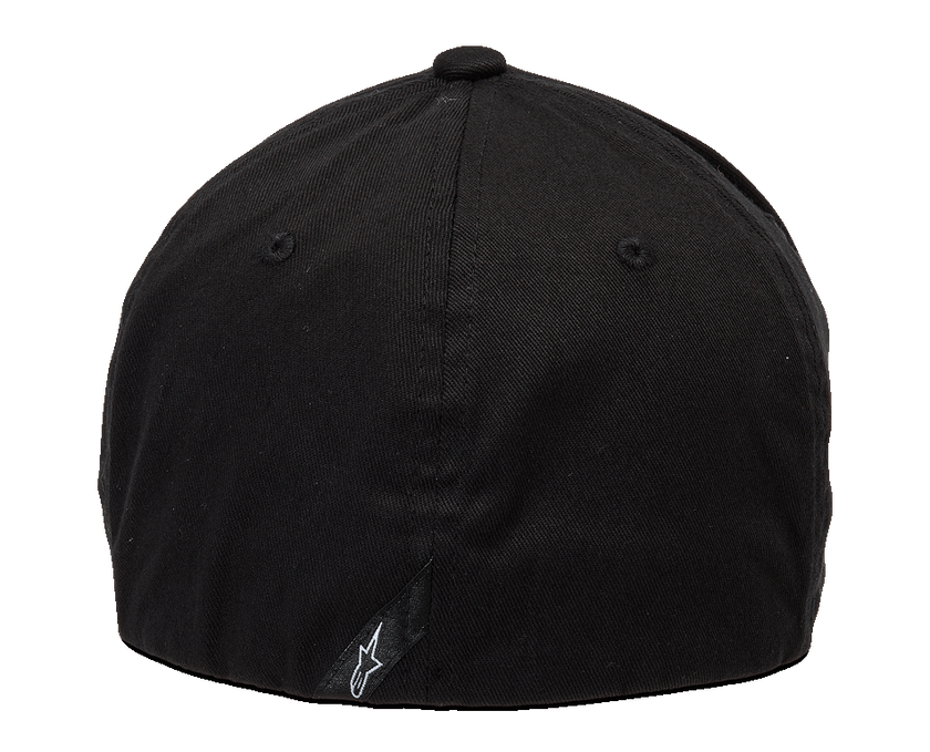 Alpinestars Ageless Curve Hat, Black sportswear cap, rear view showing flex back design, small black label with white logo at the back, twill fabric construction