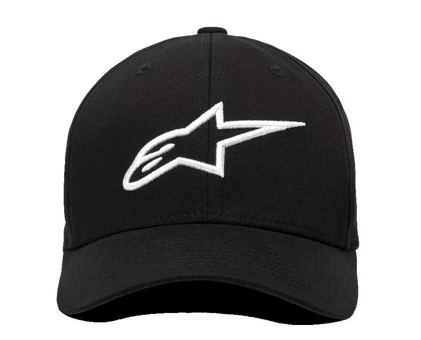 Alpinestars Ageless Curve Hat, Front View, Black Twill Fabric with 3D Embroidered White Alpinestars Logo, Curved Brim Baseball Cap, Casual Sportswear Style