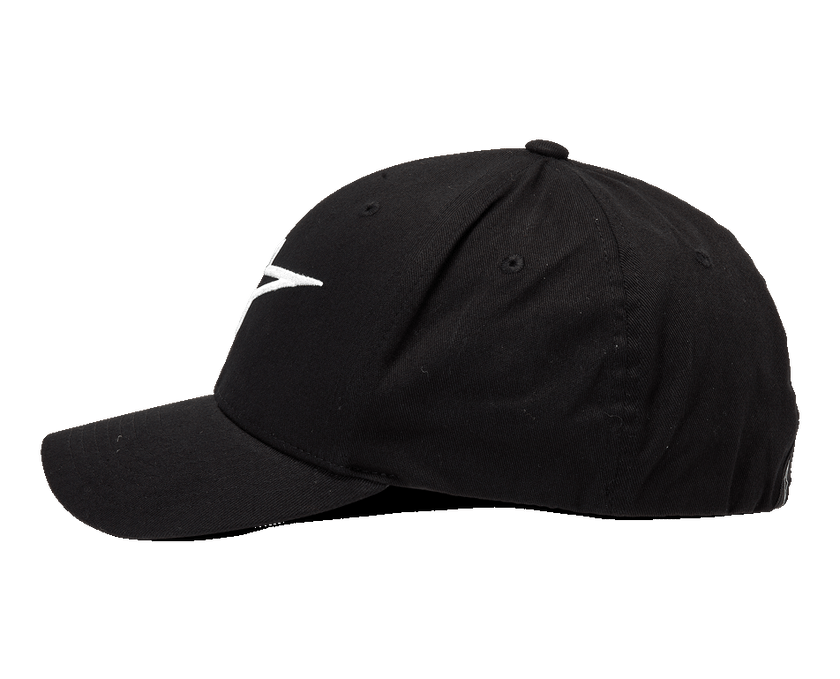 Alpinestars Ageless Curve Hat, Curved Bill Baseball Cap, Black with White 3D Embroidered Logo, Side Profile View, Twill Fabric, Casual Sportswear Style