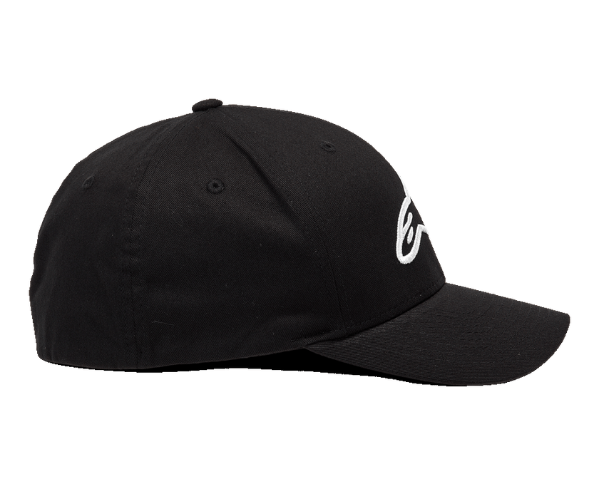 Alpinestars Ageless Curve Hat, Black and White, side profile showing curved bill and white 3D embroidered logo, casual sportswear