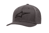 Alpinestars Ageless Curve Hat, Charcoal Heather Gray Baseball Cap with Black 3D Embroidered Logo, Curved Brim, Structured Twill Fabric with Ventilation Eyelets, Casual Motorsport Headwear