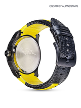 Alpinestars Tech Watch 3H, Motorsport Wristwatch, Black and Yellow, back angle view showing engraved stainless steel case back, black PVD casing, and textured leather strap with yellow lining.