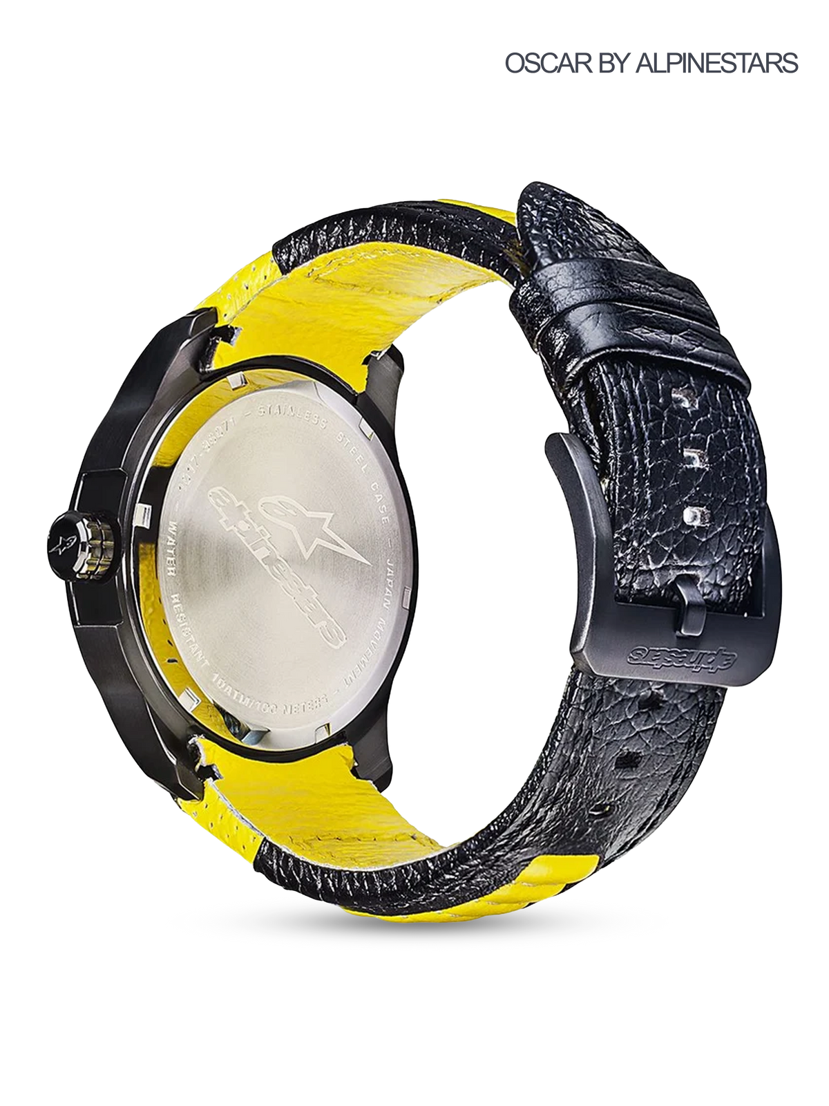 Alpinestars Tech Watch 3H, Motorsport Wristwatch, Black and Yellow, back angle view showing engraved stainless steel case back, black PVD casing, and textured leather strap with yellow lining.