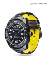 Alpinestars Tech Watch 3H, Motorsport Watch, Black and Yellow, featuring a textured luminous dial, stainless steel case, date display, and black leather strap with yellow lining.