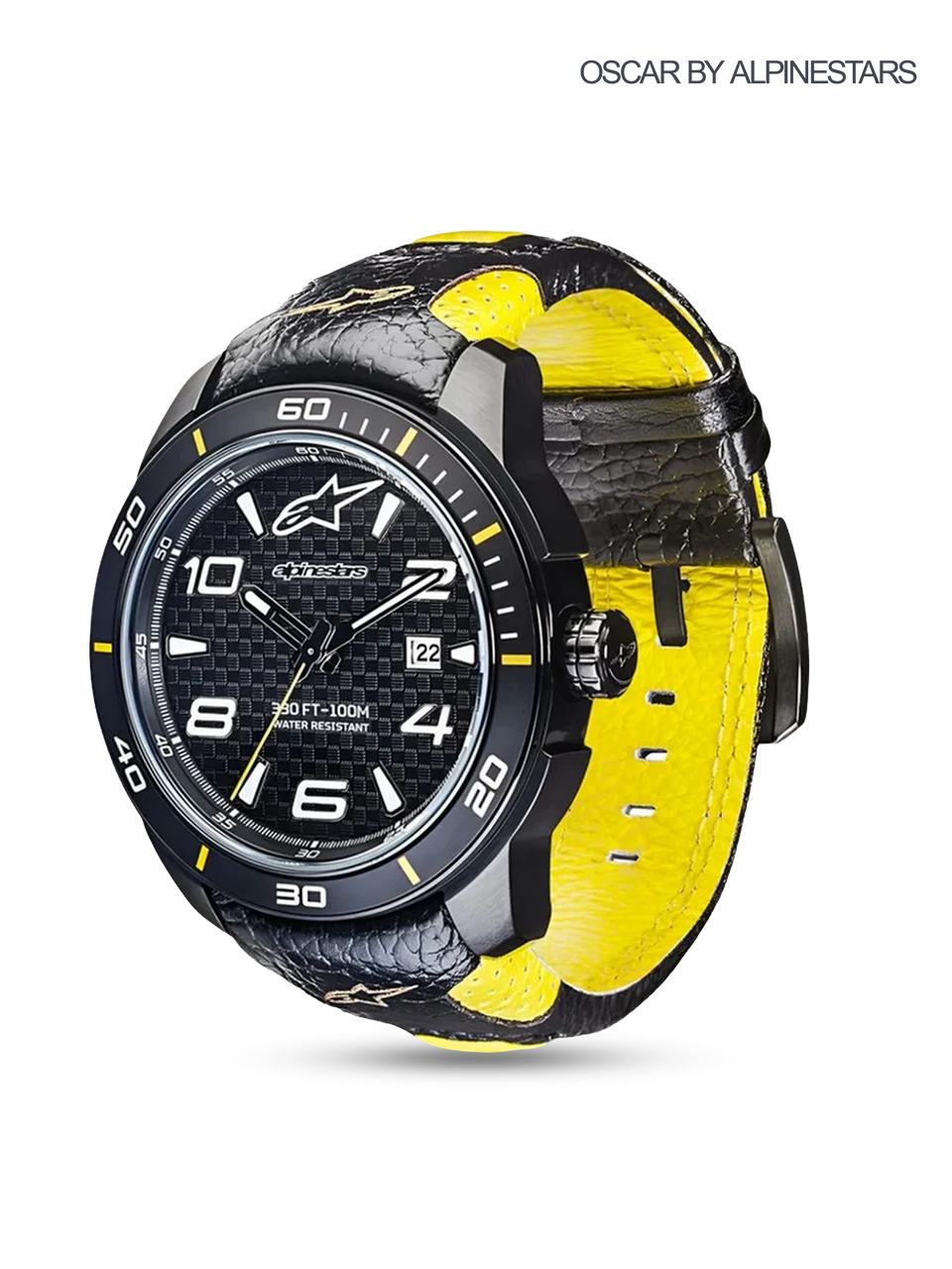 Alpinestars Tech Watch 3H, Motorsport Watch, Black and Yellow, featuring a textured luminous dial, stainless steel case, date display, and black leather strap with yellow lining.
