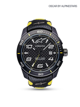 Alpinestars Tech Watch 3H, Motorsport Watch, Black and Yellow, front view featuring a black stainless steel case, textured luminous dial with date display, and leather strap with yellow accents.
