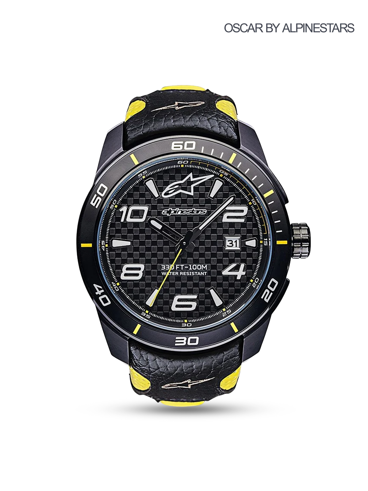 Alpinestars Tech Watch 3H, Motorsport Watch, Black and Yellow, front view featuring a black stainless steel case, textured luminous dial with date display, and leather strap with yellow accents.
