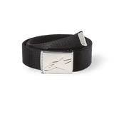 Alpinestars Ageless Web Belt, Black fabric belt with silver chrome metal buckle, debossed star logo, textured webbing, metal-tipped end with branding, casual sportswear accessory