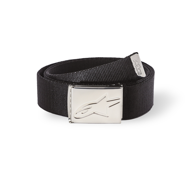Alpinestars Ageless Web Belt, Black fabric belt with silver chrome metal buckle, debossed star logo, textured webbing, metal-tipped end with branding, casual sportswear accessory