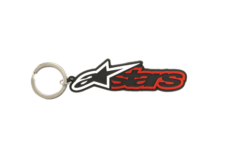 Alpinestars Blaze Key Fob, 3D rubber keychain in Black and Red, featuring the white and black star logo and red outlined text, durable metal snap ring, motorsport-inspired accessory