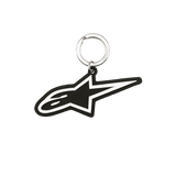 Alpinestars Ageless Key Fob, 3D Rubber Keychain, Black and White Blaze logo design, silver metal snap ring, motorsport-inspired accessory