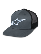 Alpinestars Corp Trucker Cap, Gray Front and Black Mesh Back, White Embroidered Star Logo, Flat Bill, Structured Crown, Breathable Mesh Back Panel