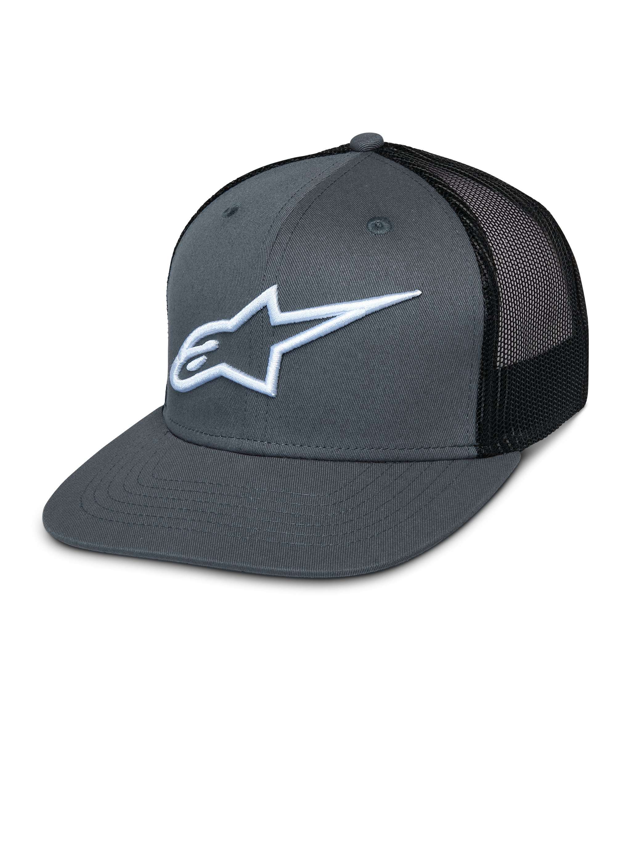 Alpinestars Corp Trucker Cap, Gray Front and Black Mesh Back, White Embroidered Star Logo, Flat Bill, Structured Crown, Breathable Mesh Back Panel