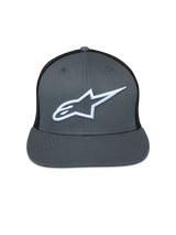 Alpinestars Corp Trucker Hat, gray front with black mesh back, flat bill, white embroidered Astar logo, casual motorsport headwear