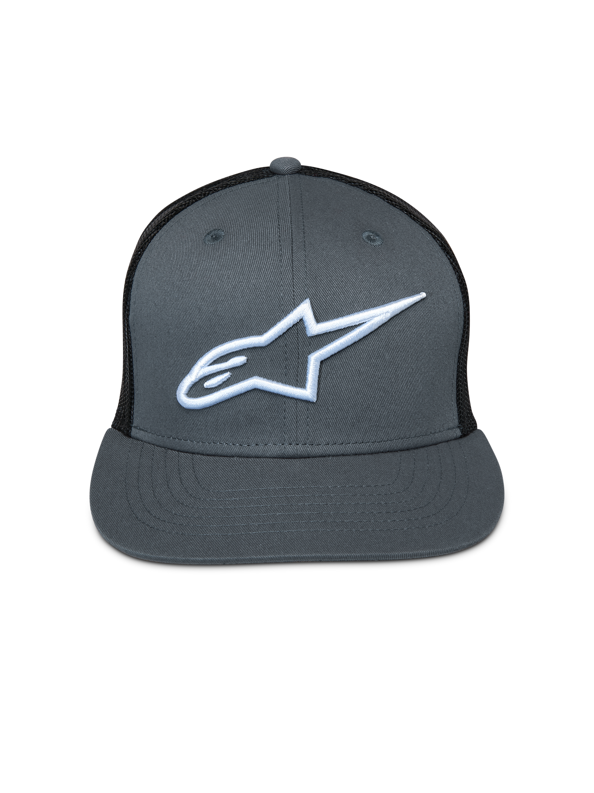 Alpinestars Corp Trucker Hat, gray front with black mesh back, flat bill, white embroidered Astar logo, casual motorsport headwear