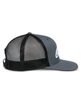 Alpinestars Corp Trucker Hat, side profile, gray twill front and bill with black mesh back panels, flat bill, structured crown, white embroidered logo, casual motorsport headwear