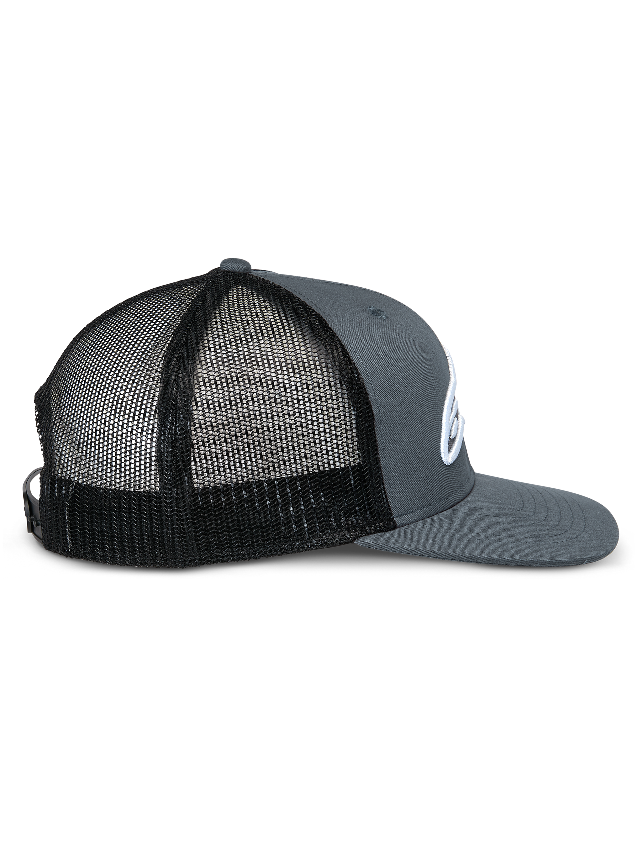 Alpinestars Corp Trucker Hat, side profile, gray twill front and bill with black mesh back panels, flat bill, structured crown, white embroidered logo, casual motorsport headwear