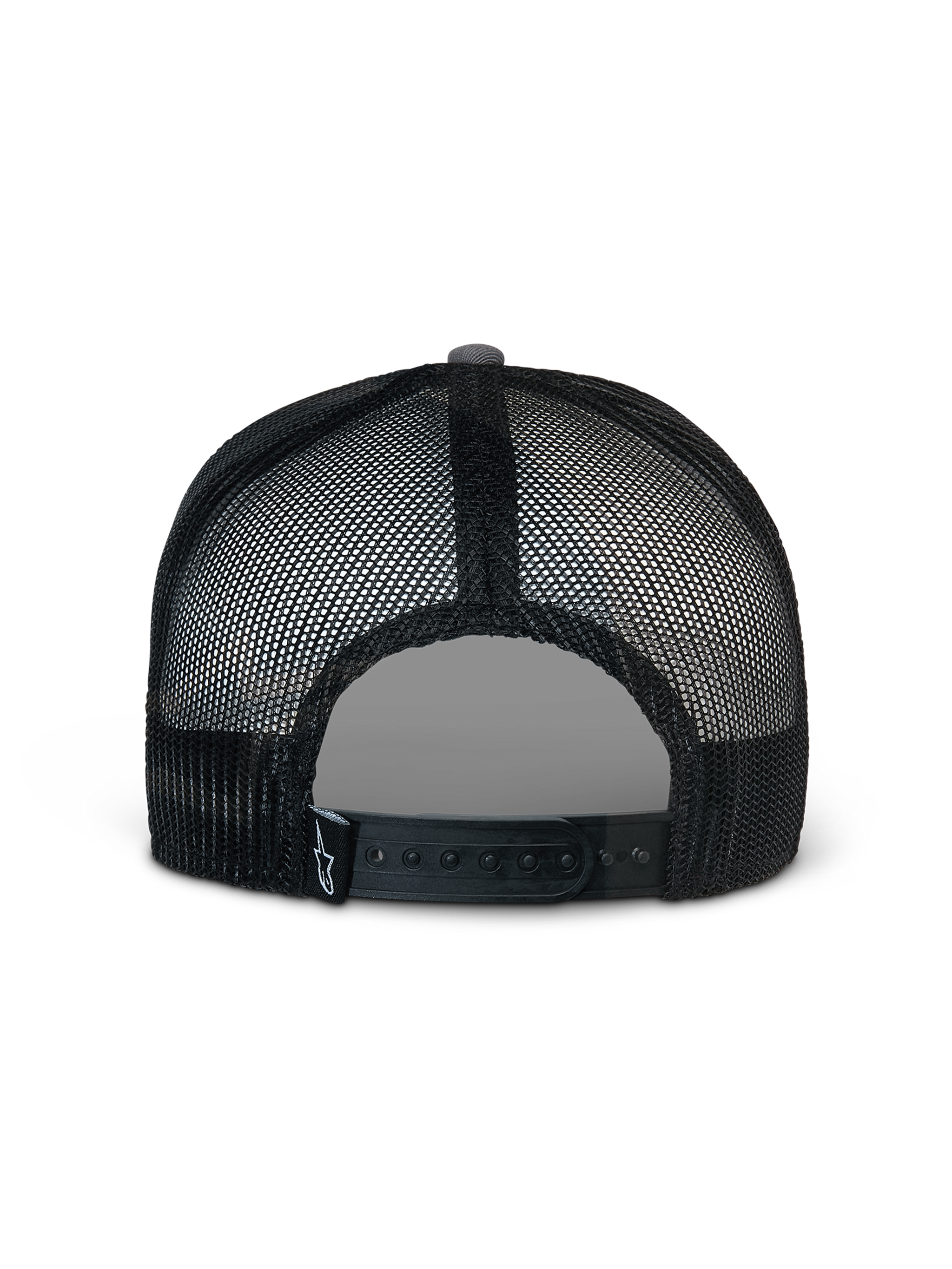 Alpinestars Corp Trucker Hat, Gray and Black, back view featuring black mesh panels and an adjustable snapback closure, small white star logo on a black rear tag, casual sportswear headwear