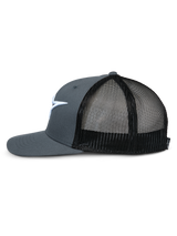 Alpinestars Corp Trucker, Trucker Hat, Gray and Black, Side profile view showing flat bill, structured gray crown, black mesh back panels, and white embroidered logo, casual motorsport-inspired headwear