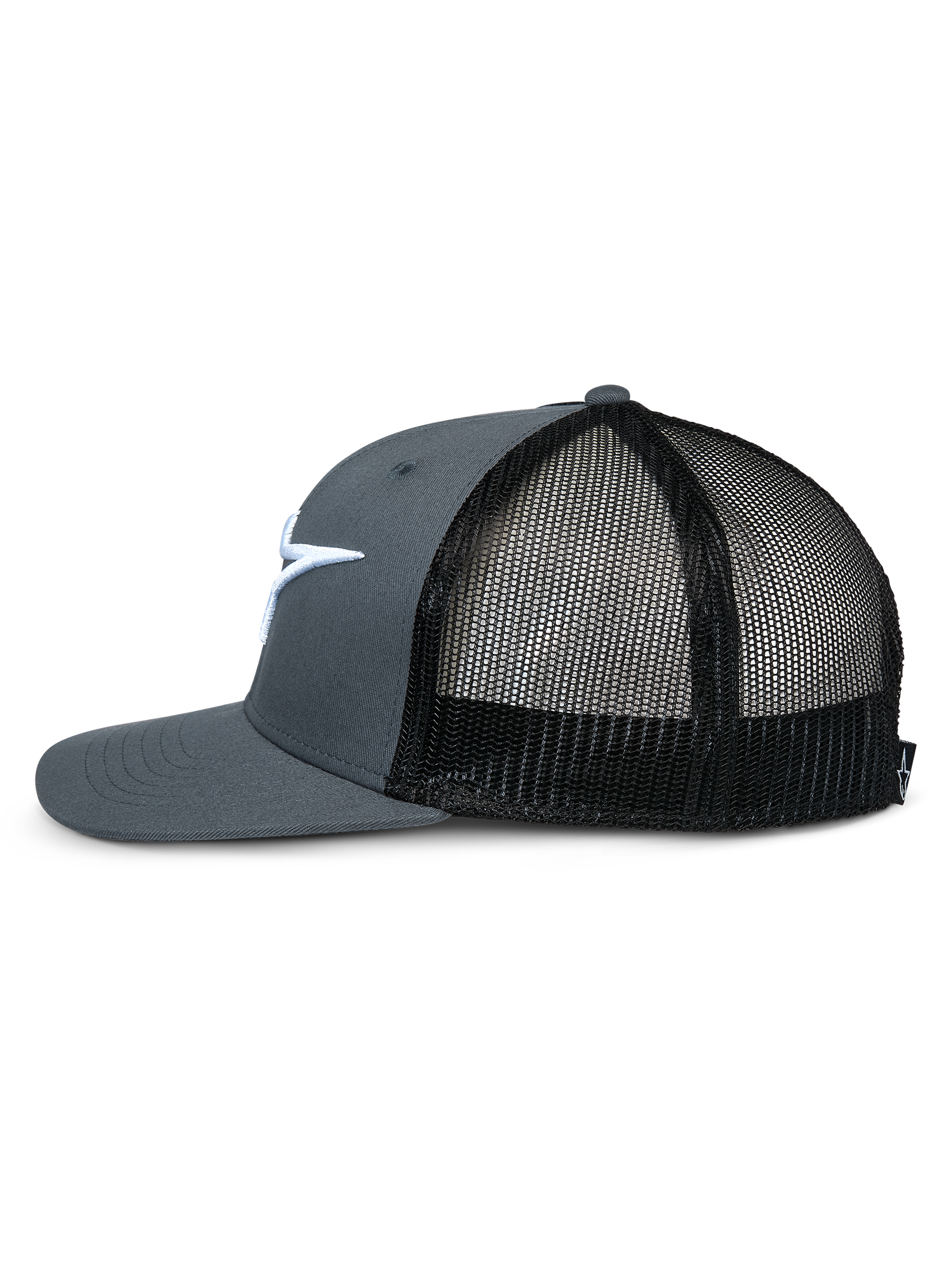 Alpinestars Corp Trucker, Trucker Hat, Gray and Black, Side profile view showing flat bill, structured gray crown, black mesh back panels, and white embroidered logo, casual motorsport-inspired headwear