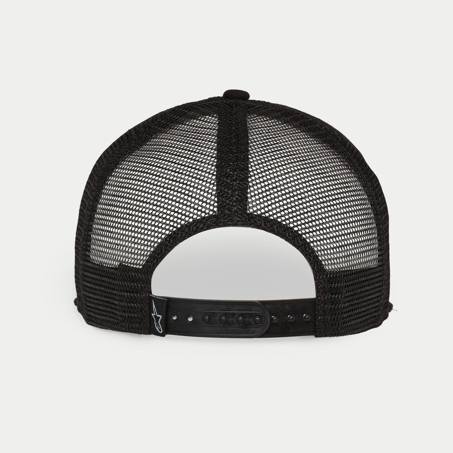 Alpinestars Corp Trucker Hat, White and Black, back view featuring black breathable mesh panels, adjustable snapback closure, small Alpinestars logo on the rear tag, casual motorsport-inspired headwear