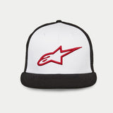 Alpinestars Corp Trucker Hat, flat bill trucker with structured crown, white front panel with black mesh back and black bill, red 3D embroidered Alpinestars logo, casual motorsport headwear