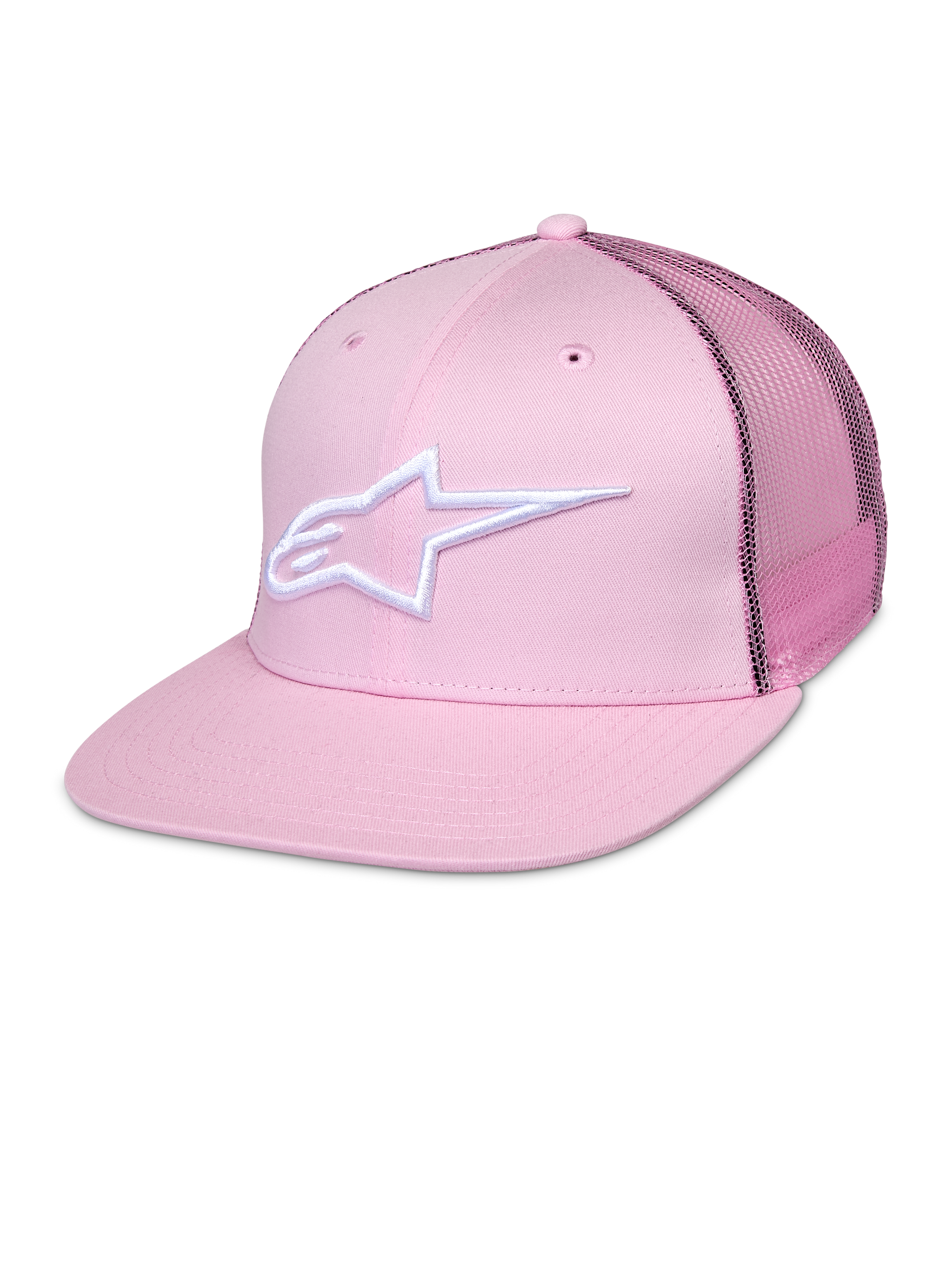 Alpinestars Corp Trucker Cap, Pink Snapback Hat with White Star Logo, Mesh Back Panels, Structured Six-Panel Design with Ventilation Eyelets