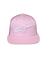 Alpinestars Corp Trucker Hat, Pink, featuring white embroidered logo on front, flat bill with structured crown, mesh back panels, casual motorsport headwear