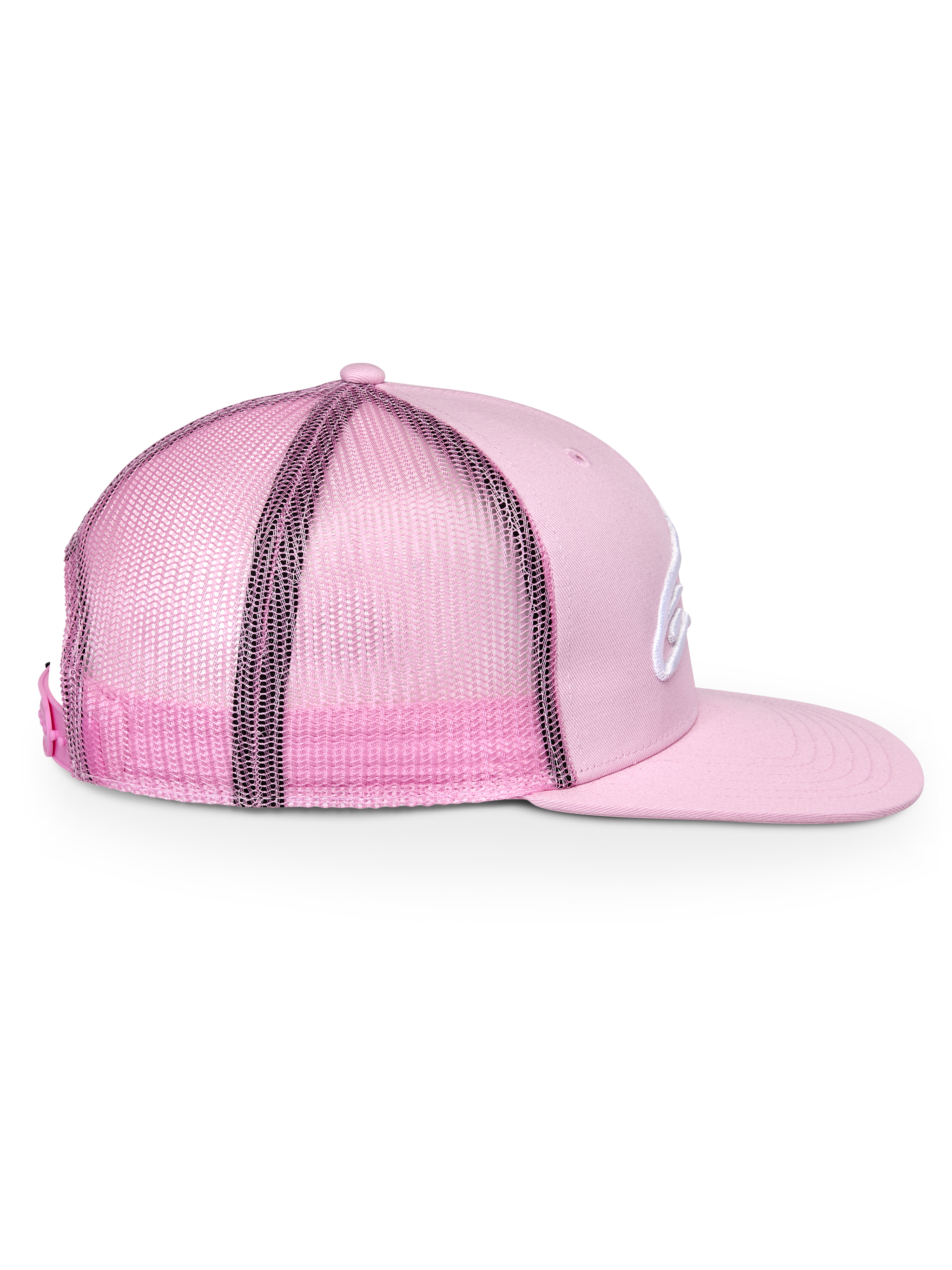 Alpinestars Corp Trucker Hat, Pink, side profile view, structured crown with flat bill, twill front and mesh back, adjustable snapback closure, casual sportswear headwear