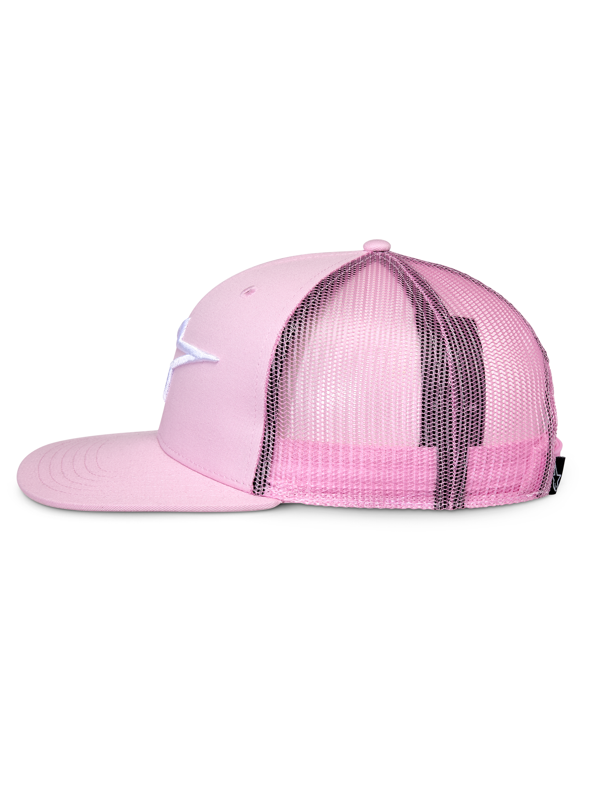 Alpinestars Corp Trucker Hat, Pink, side profile, flat bill and structured crown, white embroidered logo on twill front, pink mesh back, adjustable snapback design, casual sportswear