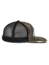 Alpinestars Corp Trucker Hat, side view, Green Camo and Black, flat bill with camo print, black mesh back panels, white embroidered logo, casual motorsport headwear