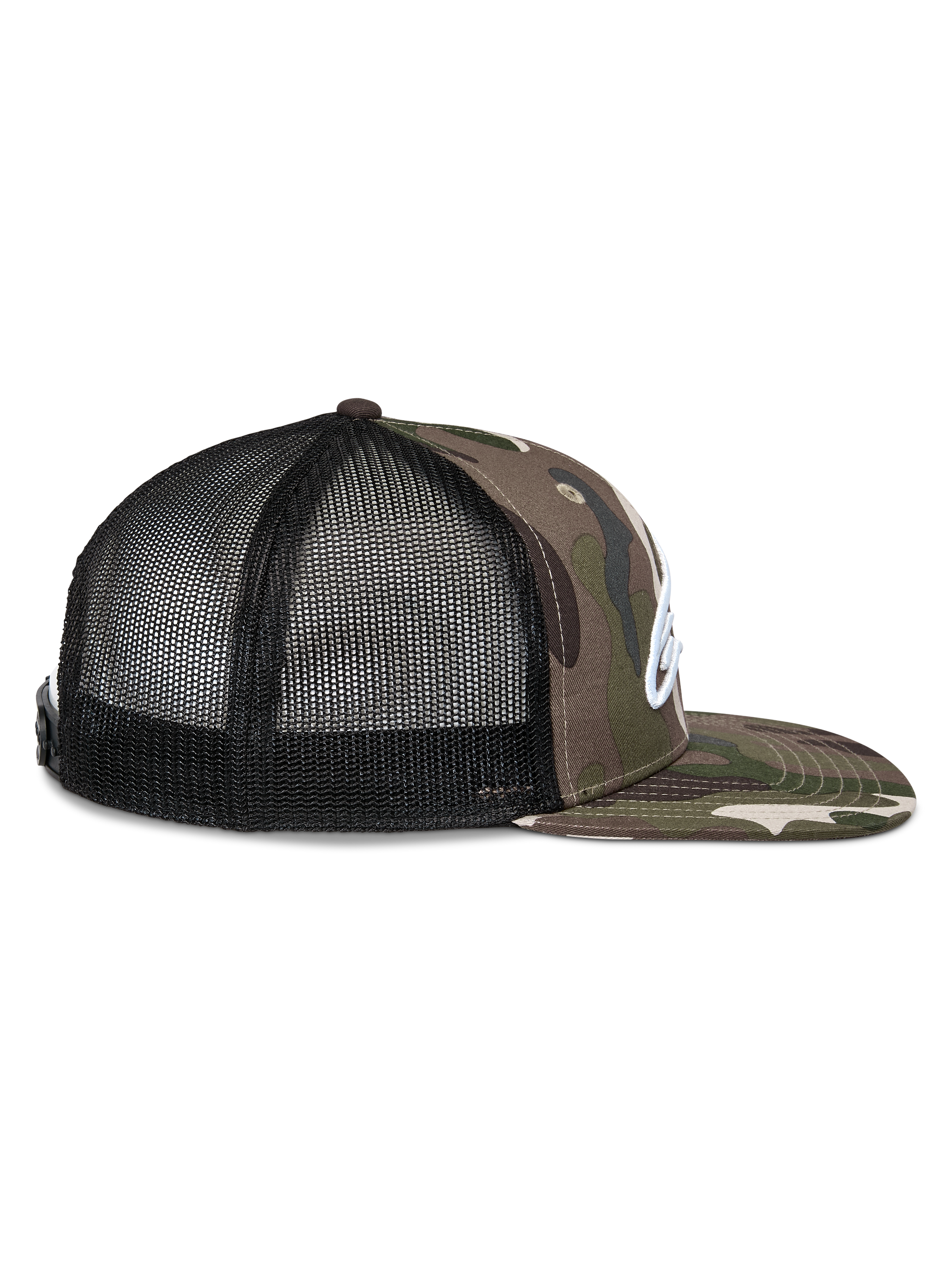Alpinestars Corp Trucker Hat, side view, Green Camo and Black, flat bill with camo print, black mesh back panels, white embroidered logo, casual motorsport headwear