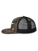 Alpinestars Corp Trucker Hat, side profile, Green Camo twill front and flat bill, black mesh back, white embroidered Astars logo, casual motorsport streetwear