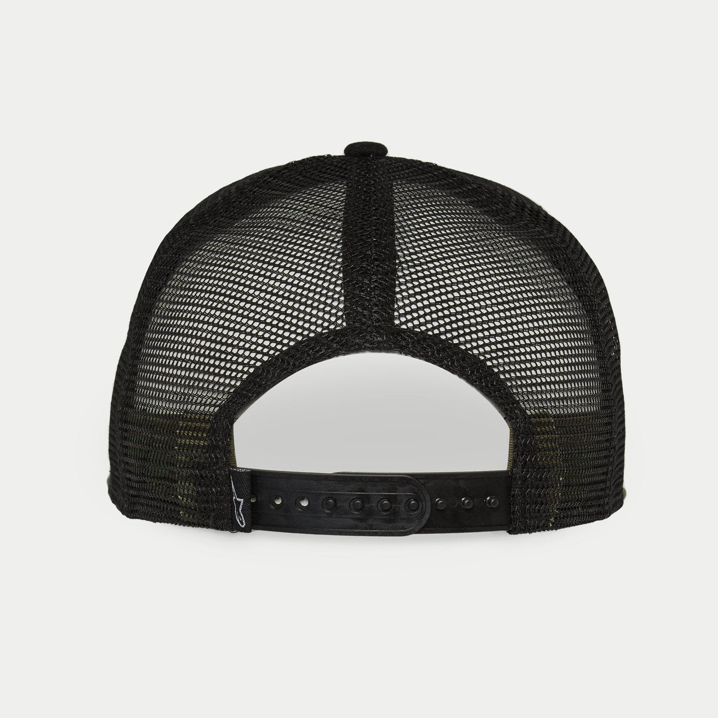 Alpinestars Corp Trucker Hat, Military Black, rear view showing black mesh back panels and adjustable snapback closure, small woven logo label, casual motorsport-inspired headwear