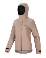 Alpinestars Stella A-Dura Rain Jacket, Women's Cycling Rain Jacket, Light Brown, hooded design with front zipper and storm flap, black adjustable Velcro cuffs, featuring a small chest logo, waterproof and breathable performance material for MTB riding