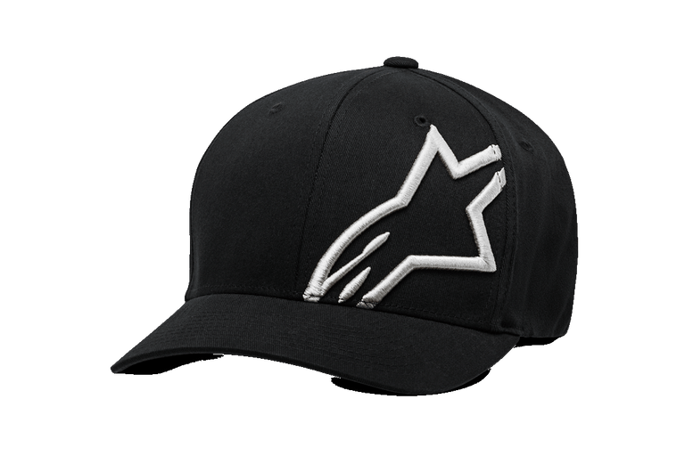 Alpinestars Corp Shift 2 Curved Bill Hat, Black Baseball Cap, Large White Embroidered Logo on Front Left, Curved Brim, Flexfit Sportswear Headwear