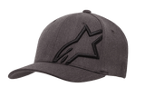 Alpinestars Corp Shift 2 Curved Bill Hat, Dark Heather Gray and Black Baseball Cap, featuring a large black embroidered star logo on the front left panel, curved brim design, textured fabric with ventilation holes, casual motorsport-inspired headwear.