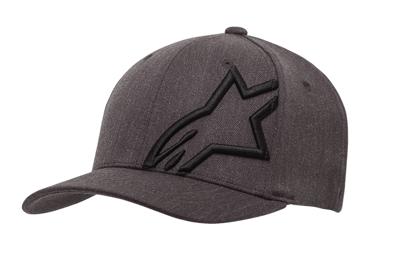 Alpinestars Corp Shift 2 Curved Bill Hat, Dark Heather Gray and Black Baseball Cap, featuring a large black embroidered star logo on the front left panel, curved brim design, textured fabric with ventilation holes, casual motorsport-inspired headwear.