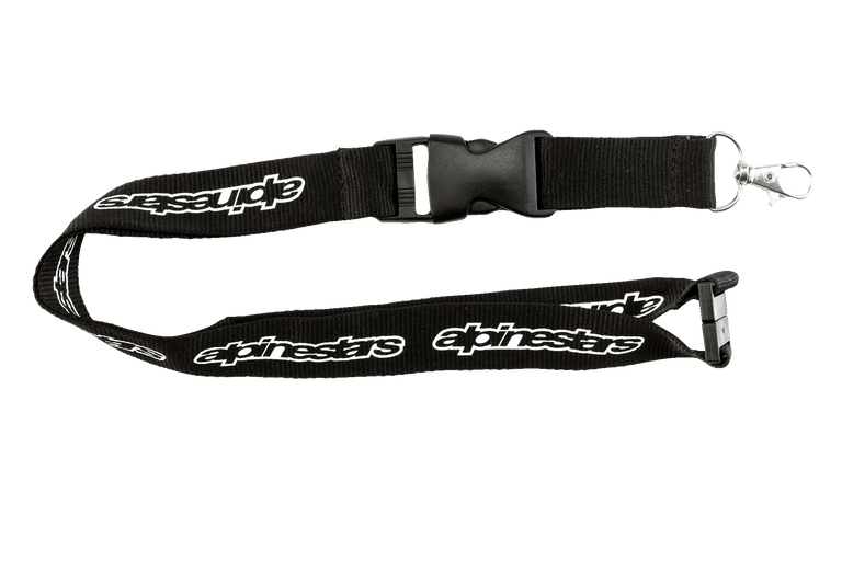 Alpinestars Core Lanyard, Black, featuring white repeating Alpinestars logo, plastic breakaway and detachable buckle, metal swivel clip, durable ribbed polyester construction for keys and ID cards