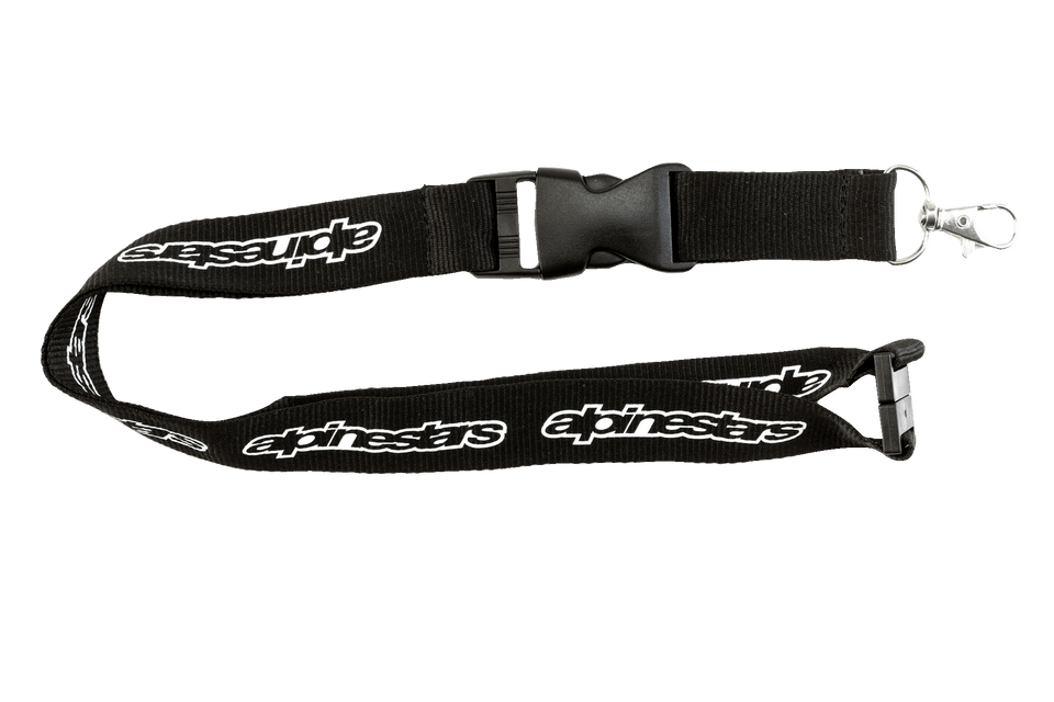 Alpinestars Core Lanyard, Black, featuring white repeating Alpinestars logo, plastic breakaway and detachable buckle, metal swivel clip, durable ribbed polyester construction for keys and ID cards