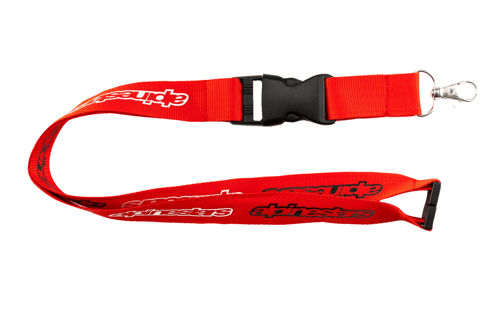 Alpinestars Core Lanyard, Red with white and black logos, black plastic breakaway clip and detachable buckle, silver metal swivel hook, durable 100% polyester neck lanyard