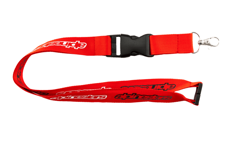 Alpinestars Core Lanyard, Red with white and black logos, black plastic breakaway clip and detachable buckle, silver metal swivel hook, durable 100% polyester neck lanyard