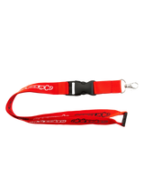 Alpinestars Core Lanyard, Red sportswear lanyard, 100% polyester with printed white branding logos, black plastic breakaway safety clip, and a detachable metal swivel clip