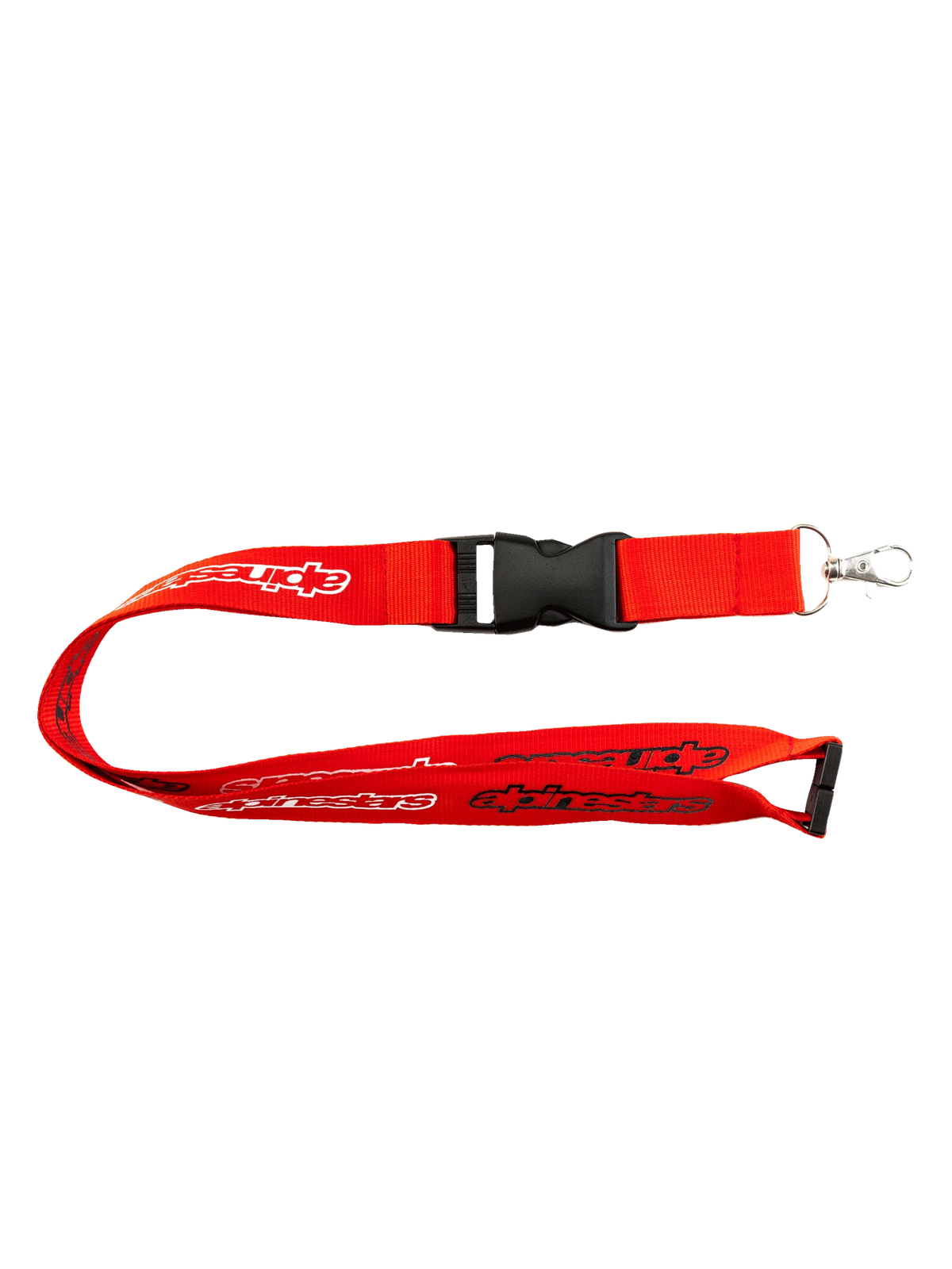 Alpinestars Core Lanyard, Red sportswear lanyard, 100% polyester with printed white branding logos, black plastic breakaway safety clip, and a detachable metal swivel clip