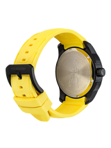 Alpinestars Tech Watch 3H - Black Matte, motorsport lifestyle wristwatch, back case view showing stainless steel back with engraved Alpinestars logo and water resistance details, bright yellow silicone strap with black buckle, water resistant timepiece