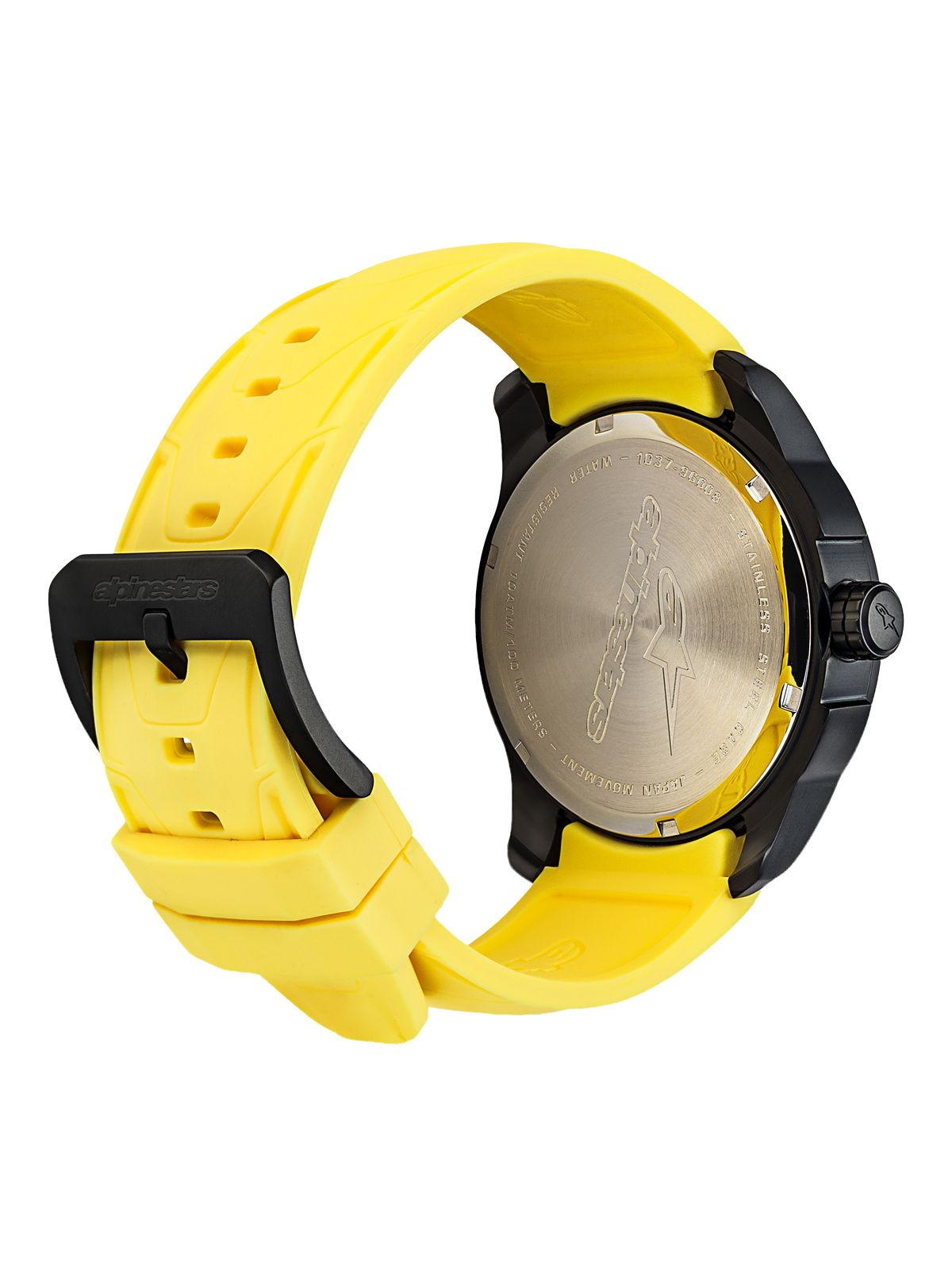Alpinestars Tech Watch 3H - Black Matte, motorsport lifestyle wristwatch, back case view showing stainless steel back with engraved Alpinestars logo and water resistance details, bright yellow silicone strap with black buckle, water resistant timepiece