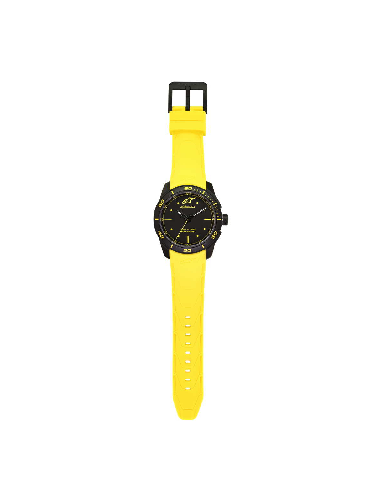 Alpinestars Tech Watch 3H, motorsport watch with a black case and vibrant yellow strap, water-resistant timepiece featuring a bold analog dial and durable design